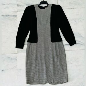 VTG Honeybee Dress Houndstooth Black White Knee Womens 12 Office Academia USA